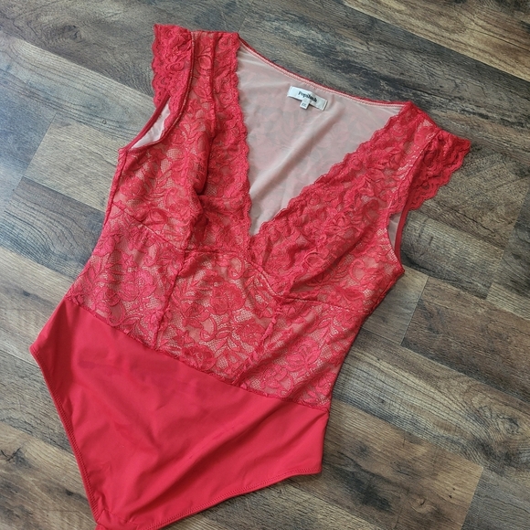 Popilush Red Lace Cap Sleeve Shapewear Tummy Control Going Out Top Bodysuit XXL - Picture 6 of 11